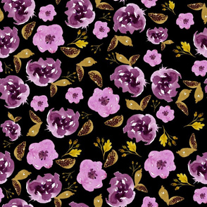 18" Plum and Gold Florals - Black