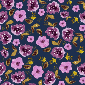18" Plum and Gold Florals - Blue