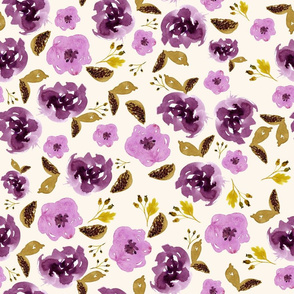 18" Plum and Gold Florals - Ivory