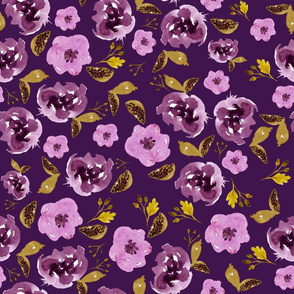 18" Plum and Gold Florals - Purple