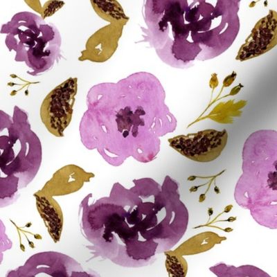 18" Plum and Gold Florals - White