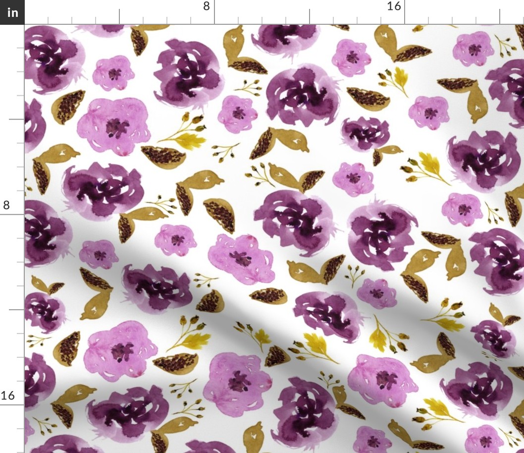 18" Plum and Gold Florals - White