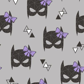 Girly Geometric Bat Mask with Purple Lilac Bow on Grey 