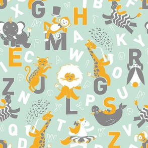 A B Circus Animals // mint background saffron monkey lion giraffe jaguar white horse warm grey zebra seal elephant white alphabet letters