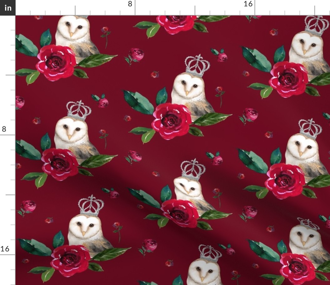 7" Winter Roses & Owl /Deep Red