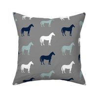 multi horses on grey - navy and dusty blue farm collection