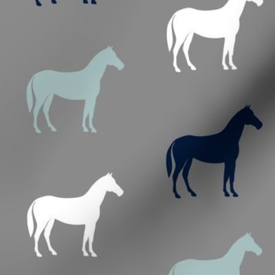 multi horses on grey - navy and dusty blue farm collection