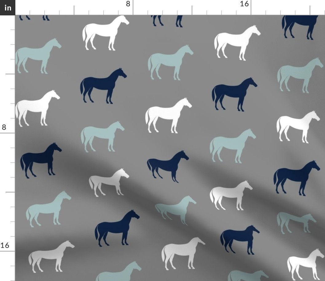 multi horses on grey - navy and dusty blue farm collection