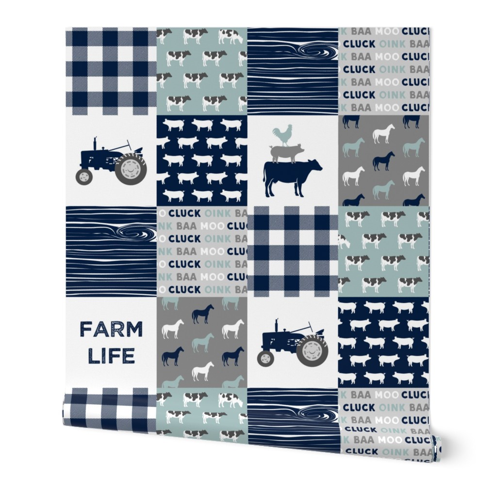 farm life - farm fabric wholecloth navy and dusty blue with woodgrain &  plaid