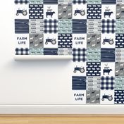 farm life - farm fabric wholecloth navy and dusty blue with woodgrain &  plaid