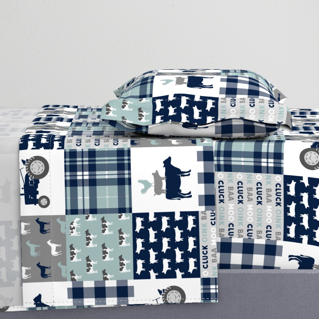 farm life - tractor wholecloth patchwork - navy and dusty blue