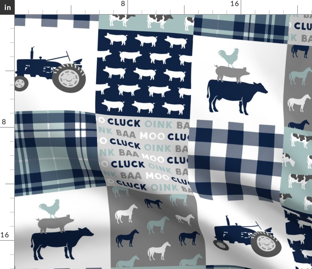 farm life - tractor wholecloth patchwork - navy and dusty blue