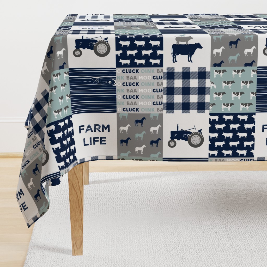 farm life - tractor wholecloth patchwork - navy and dusty blue (90)