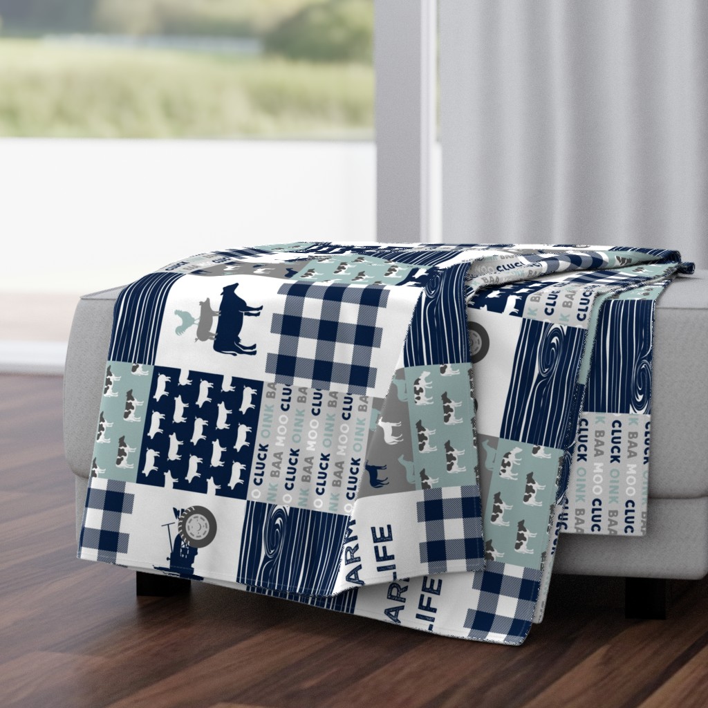 farm life - tractor wholecloth patchwork - navy and dusty blue (90)