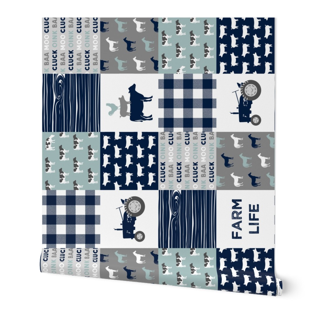 farm life - tractor wholecloth patchwork - navy and dusty blue (90)