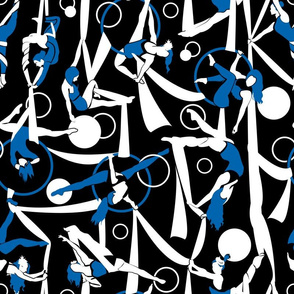 Circus dancers // black background white & lapis lazuli ribbons circles bows & dancers