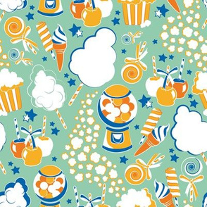 Pick your circus treat // sea foam green background white cotton candy orange & saffron fruits ice creams & lollipops lapis lazuli stars