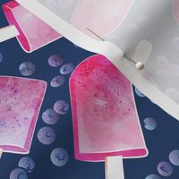 Blueberry Ice Cream Popsicles // navy blue background watercolor gradient pink & purple ice creams napoleon blue fruits