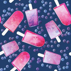 Blueberry Ice Cream Popsicles // navy blue background watercolor gradient pink & purple ice creams napoleon blue fruits