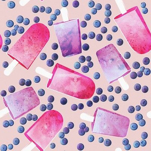 Blueberry Ice Cream Popsicles // vanilla ice pink background watercolor gradient pink & purple ice creams napoleon blue fruits