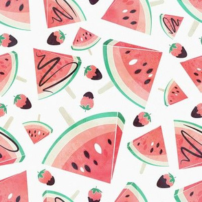 Watermelon popsicles, strawberries & chocolate // white background delicious coral red ice cream & fruits cover with melted brown chocolate