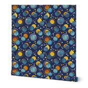 Great Total Solar Eclipse // blue navy background blue moons golden sun reflections white constellations