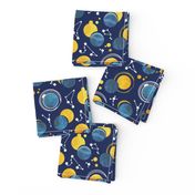 Great Total Solar Eclipse // blue navy background blue moons golden sun reflections white constellations