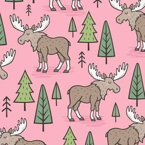 Forest Woodland Moose & Trees on Pink
