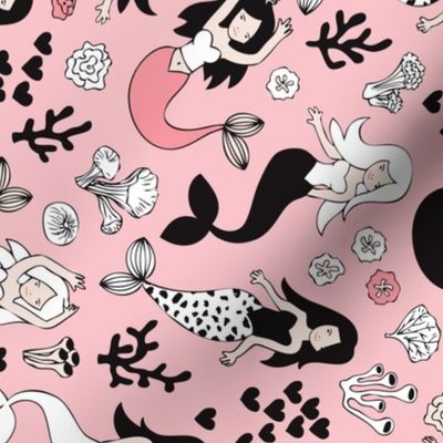 Sweet little mermaid girls theme with deep sea ocean coral illustration details in pink black and white