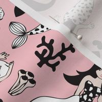 Sweet little mermaid girls theme with deep sea ocean coral illustration details in pink black and white