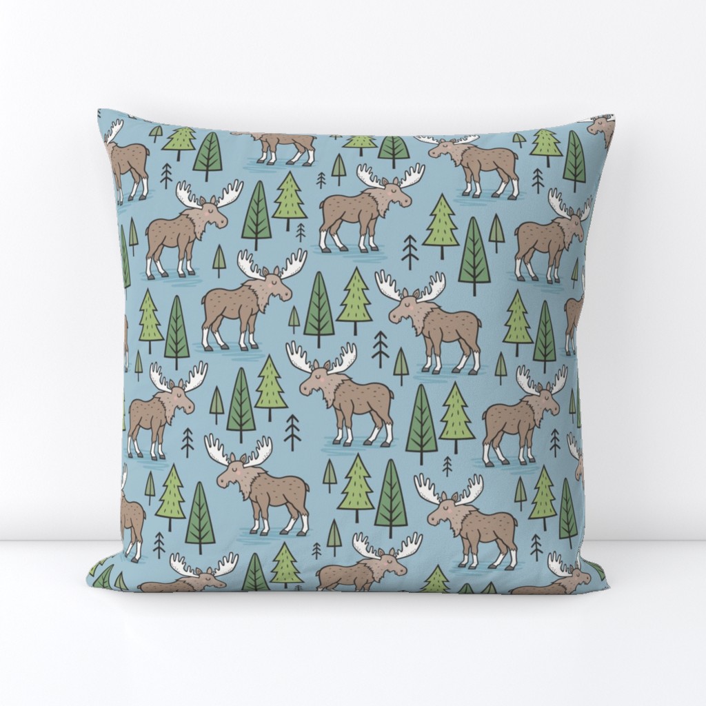 Forest Woodland Moose & Trees on Blue