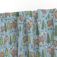 Forest Woodland Moose & Trees on Blue