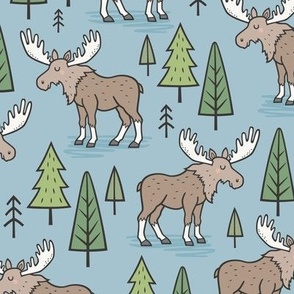 Forest Woodland Moose & Trees on Blue