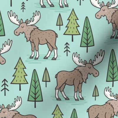 Forest Woodland Moose & Trees on Mint Green