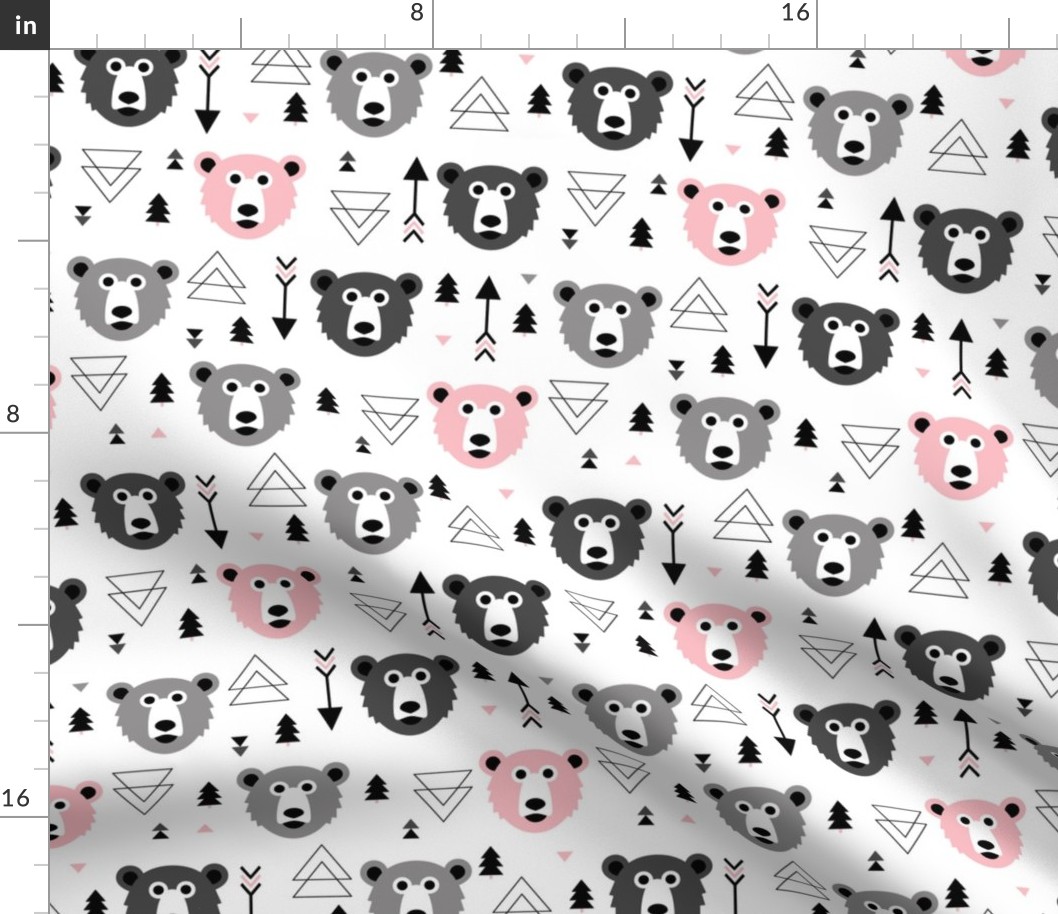 Geometric grizzly bear woodland illustration pattern pink