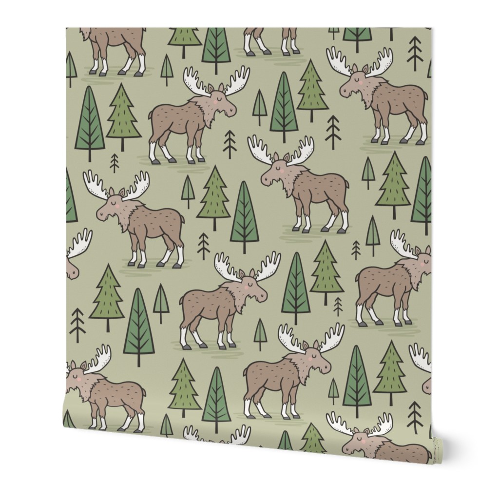 Forest Woodland Moose & Trees on Green Olive