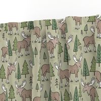 Forest Woodland Moose & Trees on Green Olive