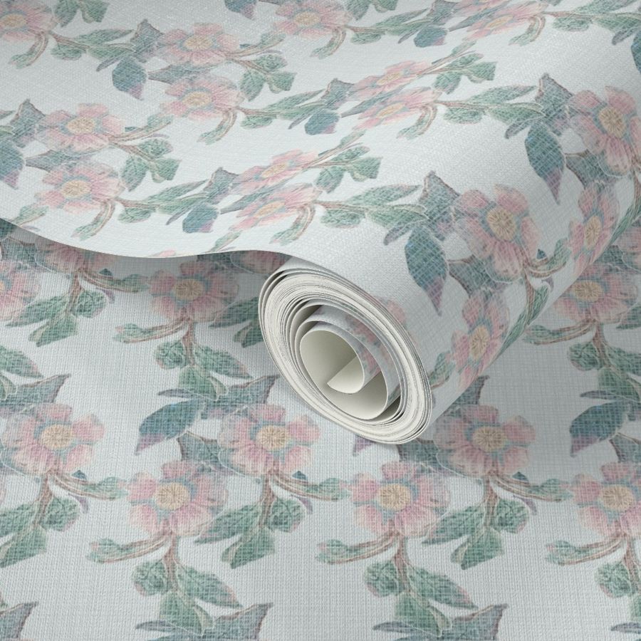 17-04C Distressed Antique Linen Floral Stripe || Flower pink jade green chambray french blue france