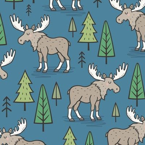 Forest Woodland Moose & Trees on Dark Blue Navy