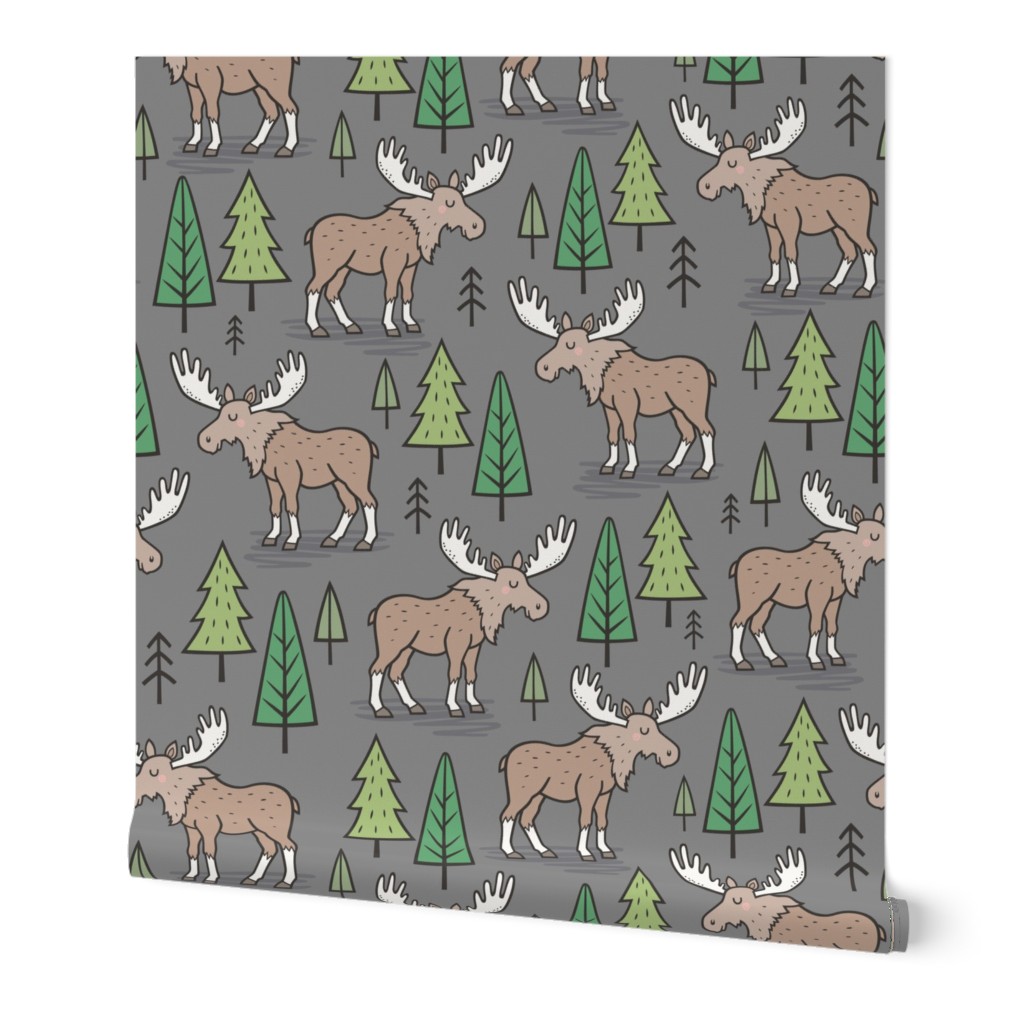 Forest Woodland Moose & Trees on Dark Grey