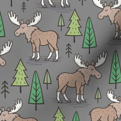 Forest Woodland Moose & Trees on Dark Grey