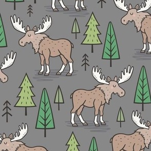 Forest Woodland Moose & Trees on Dark Grey