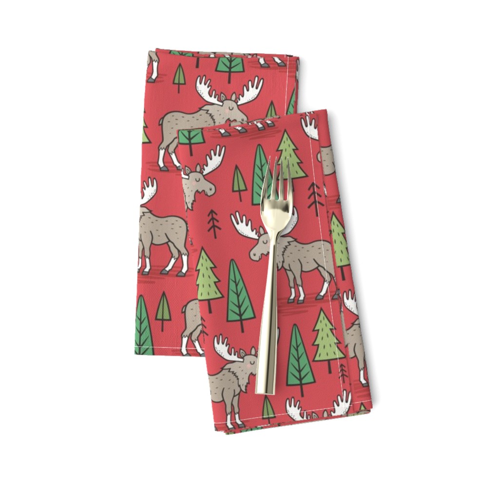 Forest Woodland Moose & Trees on Red