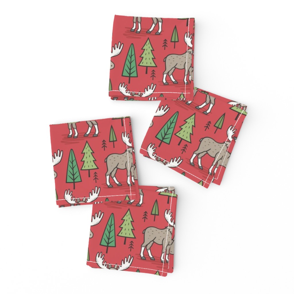 Forest Woodland Moose & Trees on Red