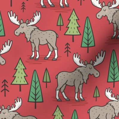 Forest Woodland Moose & Trees on Red