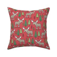 Forest Woodland Moose & Trees on Red