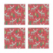 Forest Woodland Moose & Trees on Red