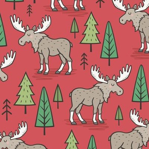 Forest Woodland Moose & Trees on Red