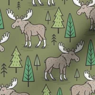 Forest Woodland Moose & Trees on Dark Green