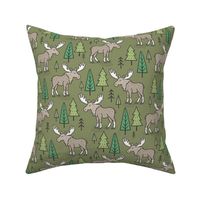 Forest Woodland Moose & Trees on Dark Green